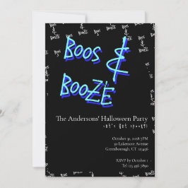 Invitación Halloween Party Boos and Booze Neon Blue