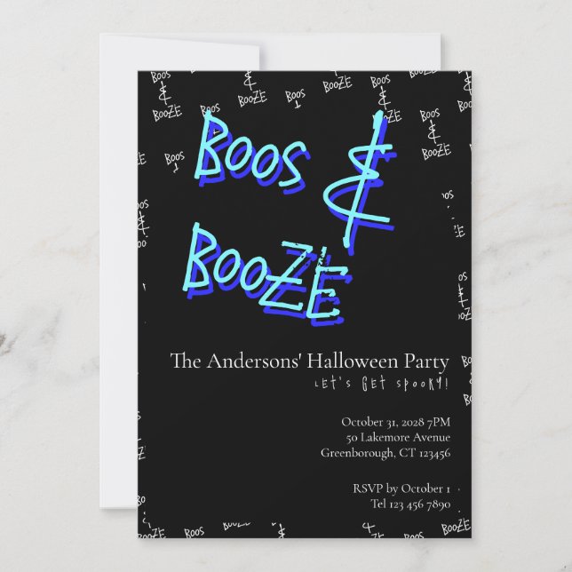 Invitación Halloween Party Boos and Booze Neon Blue (Anverso)