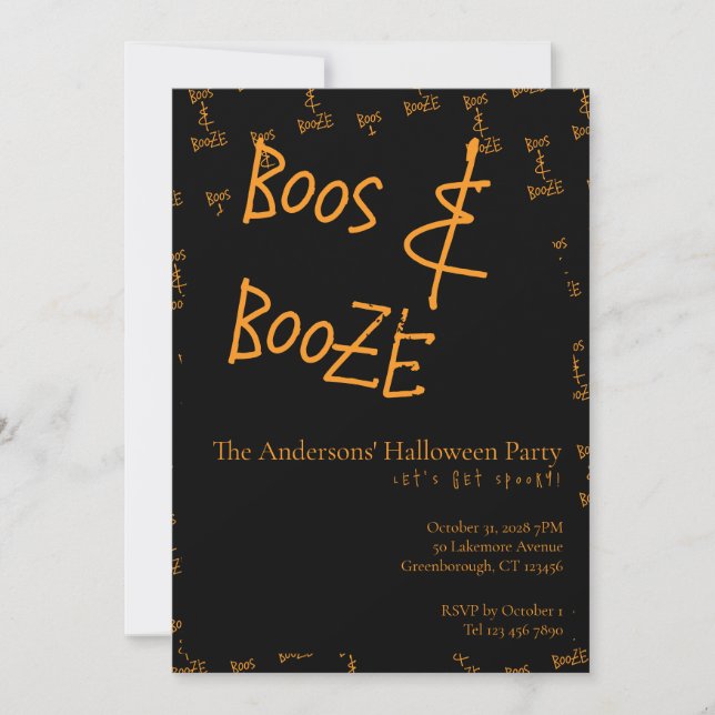 Invitación Halloween Party Boos and Booze Orange Black (Anverso)