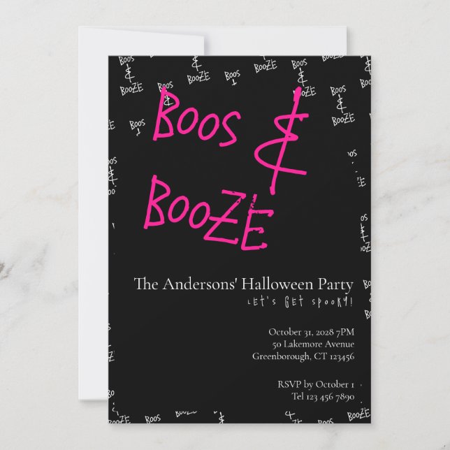 Invitación Halloween Party Boos and Booze Pink Black White (Anverso)