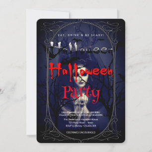 Invitación Halloween Party Bruja gótica y casa embrujada