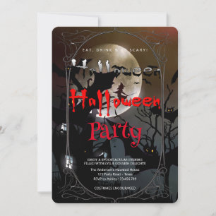 Invitación Halloween Party Bruja gótica y casa embrujada