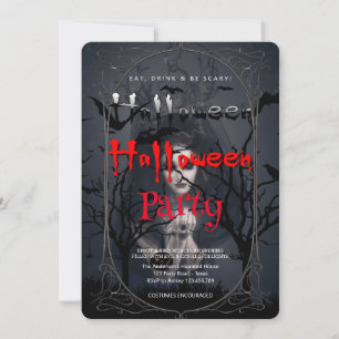 Invitación Halloween Party Bruja gótica y casa embrujada