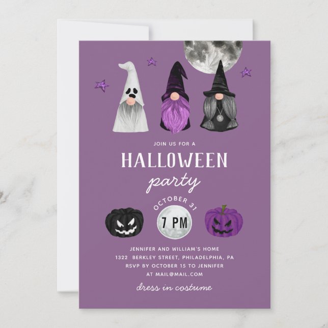 Invitación Halloween Party | Brujas de gnomo morado y fantasm (Anverso)