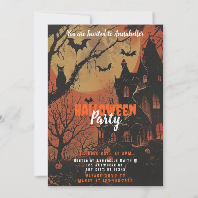 Invitación Halloween Party con calabazas de luna llena en la  (Anverso)