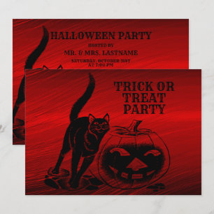 Invitación Halloween Party Evil Black Cat Pumpkin Red Scary