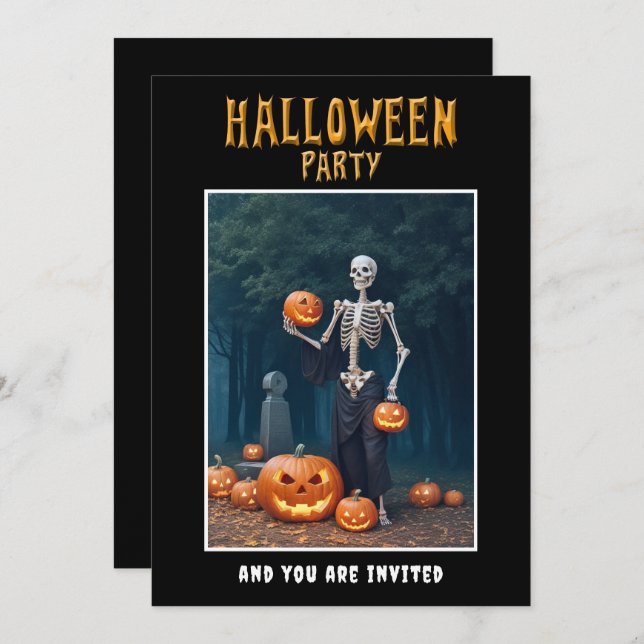 Invitación Halloween Party invitation Skeleton among Pumpkins (Anverso / Reverso)