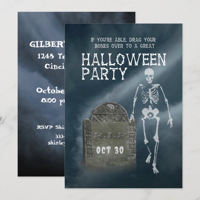 Invitación Halloween Party invitation Skeleton and Tombstone (Anverso / Reverso)