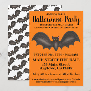 Invitación Halloween Party Naranja Black Bat Trick-or-Treat
