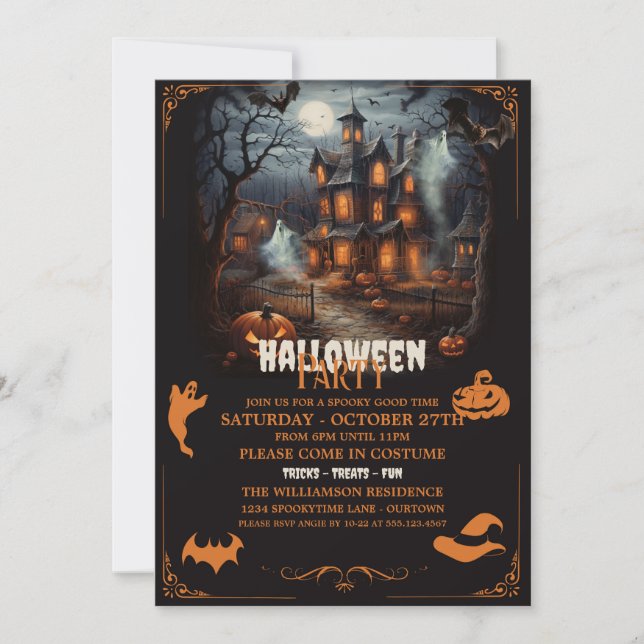 Invitación Halloween Party Naranja de Haunted Hill (Anverso)