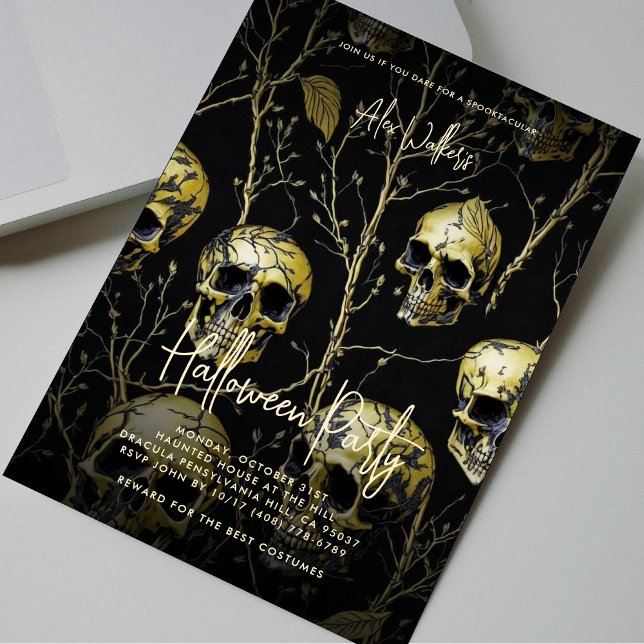 Invitación Halloween Party para adultos Black Gold Skull Mode (Adult Halloween Party Black Gold Skull Modern Invitation
)