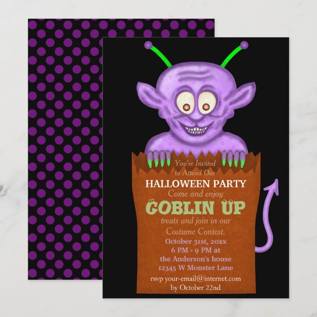 Invitación Halloween Party Purple Goblin Divertidos niños (Anverso / Reverso)