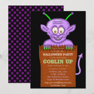 Invitación Halloween Party Purple Goblin Divertidos niños