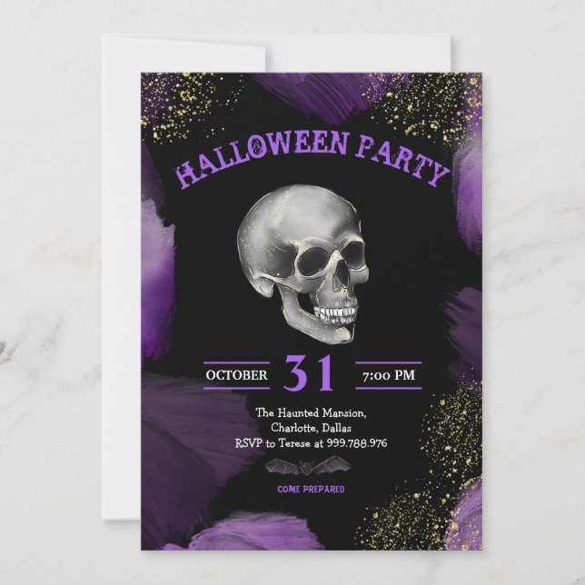 Invitación Halloween Party | Purpurina Skull Purple Gold Spoo (Anverso)