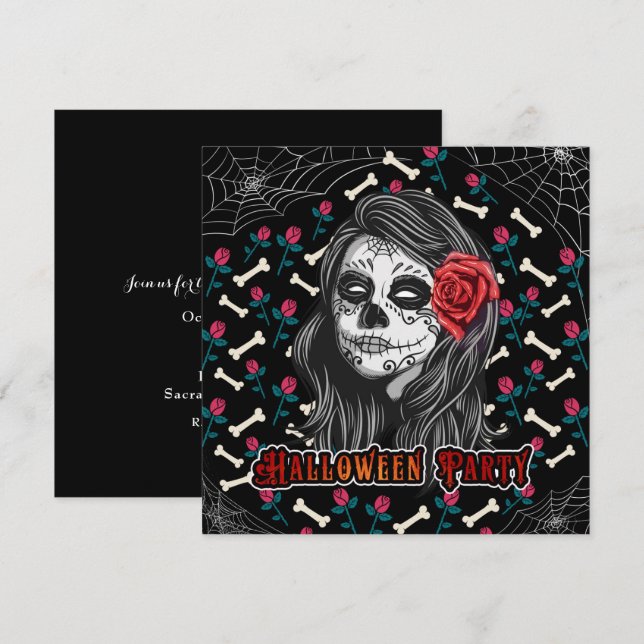 INVITACIÓN HALLOWEEN PARTY SUGAR SKULL CHICA Y ROSAS ROJAS (Anverso / Reverso)
