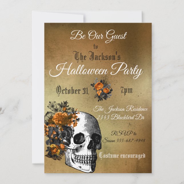 Invitación Halloween Party Vintage Flower Skull Naranja Negro (Anverso)