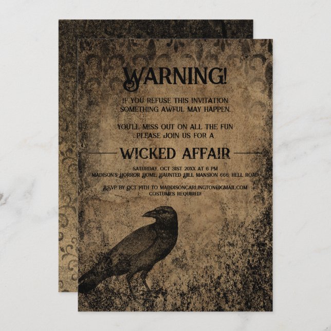 Invitación Halloween Party Vintage Gothic Raven (Anverso / Reverso)