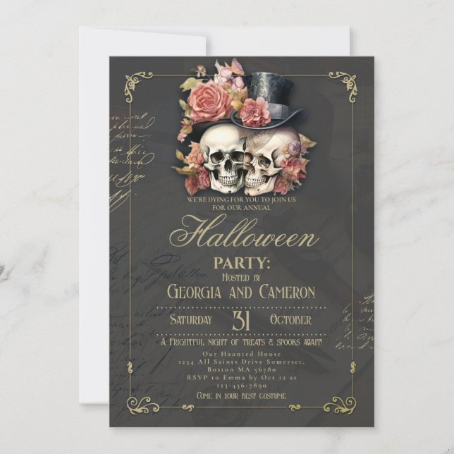 Invitación Halloween Party Vintage Gothic Skull (Anverso)
