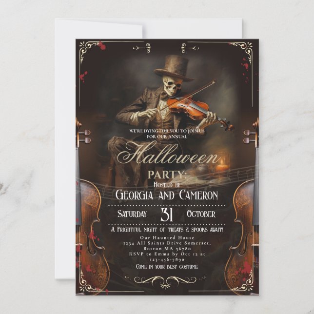 Invitación Halloween Party Vintage Gótico Grim Reaper Violini (Anverso)