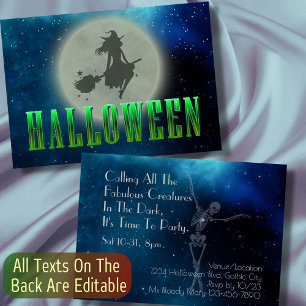 Invitación Halloween Party witch moon skeleton moderno elegan