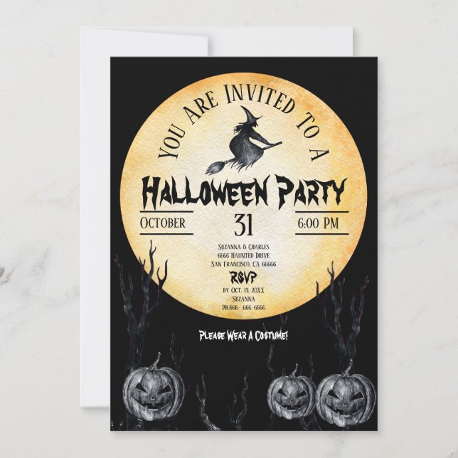Invitación Halloween Party Witch Spooky Pumpkins Black (Anverso)