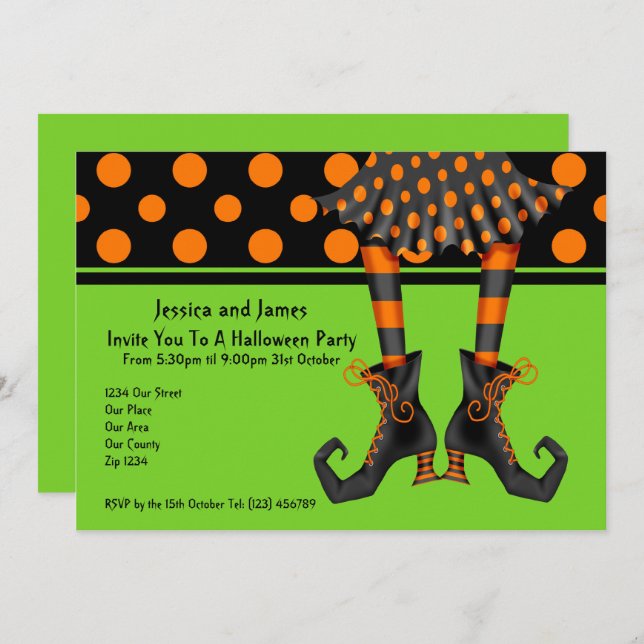 Invitación Halloween Party Witches Stockings (Anverso / Reverso)