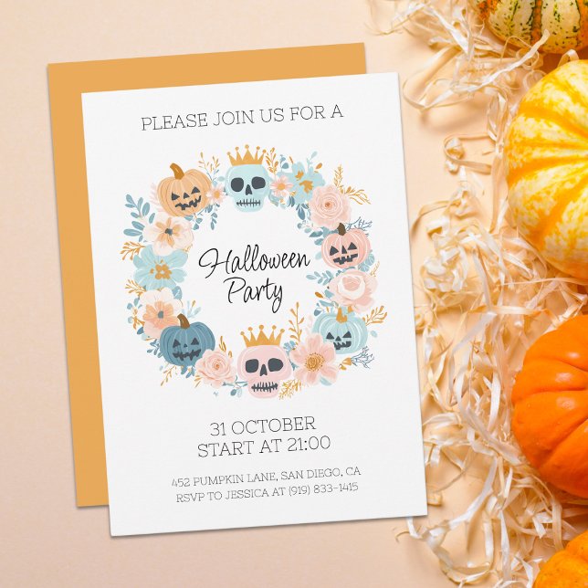 Invitación Halloween Pastel Calabaza Calabaza Floral Fiesta d (Halloween Pastel Skull Pumpkin Floral Chic Party Invitation)