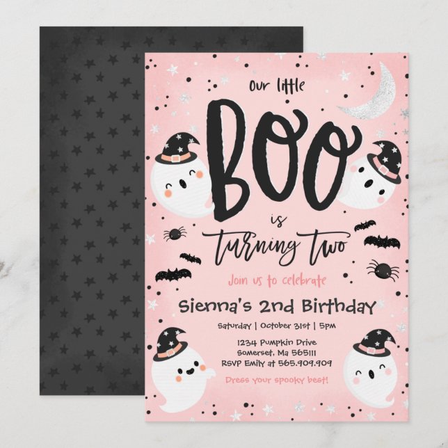 Invitación Halloween Pequeño Boo Fantasma Rosa Segundo Fiesta (Anverso / Reverso)
