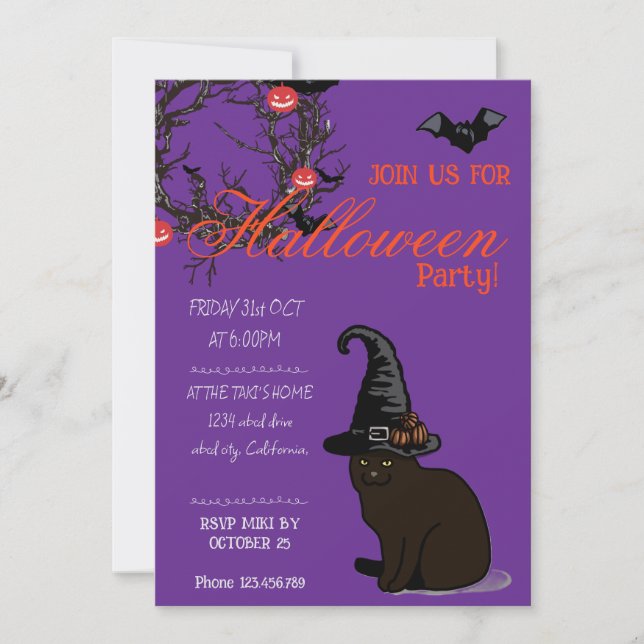Invitación Halloween Personalizado Whimsical Funny Cat Purple (Anverso)