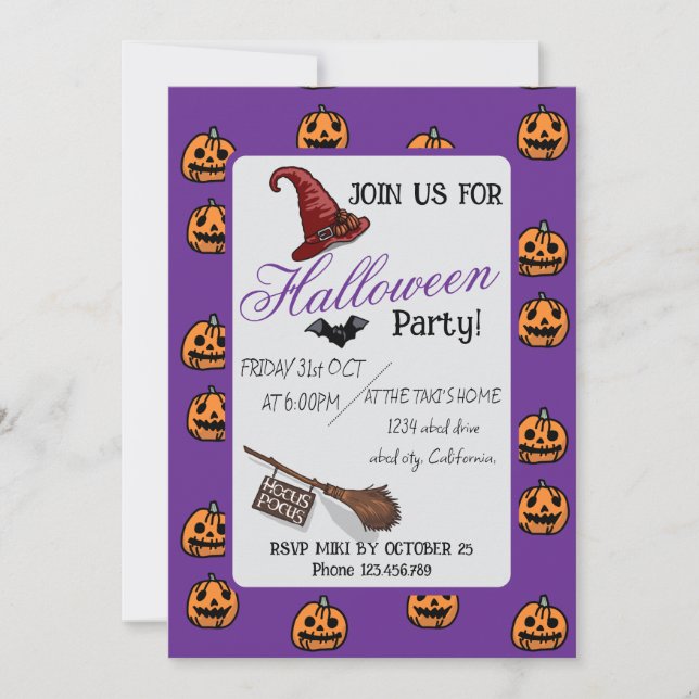 Invitación Halloween Personalizado Whimsical Funny Morado Mod (Anverso)