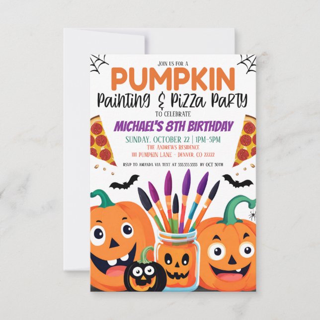 Invitación Halloween: Pintura de calabaza y Fiesta de pizza i (Anverso)