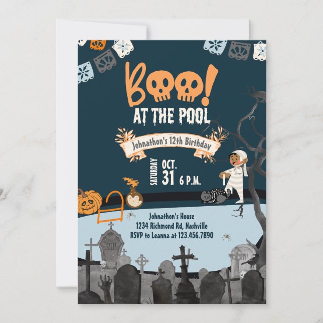 Invitación Halloween Pool Fiestas Niños nadan Halloween Cumpl (Anverso)