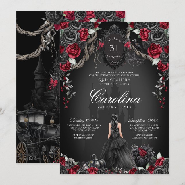 Invitación Halloween Princesa Gótica Rojo y Negro Quinceanera (Anverso / Reverso)