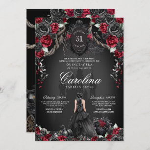 Invitación Halloween Princesa Gótica Rojo y Negro Quinceanera