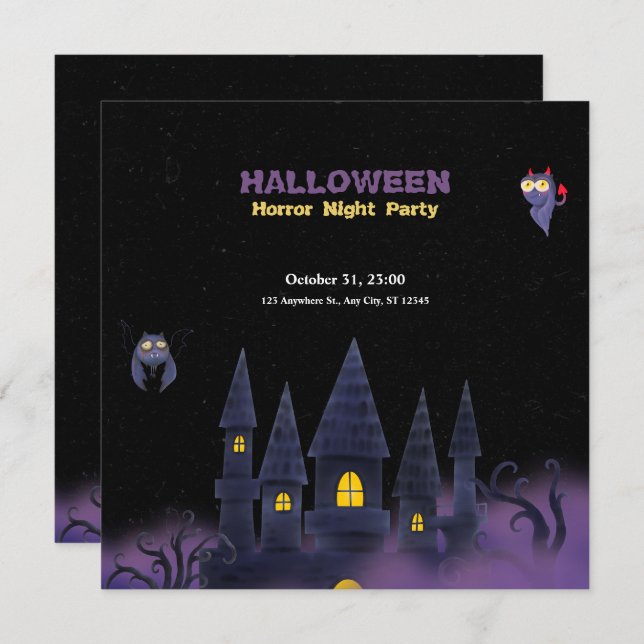 Invitación Halloween Purple Black Playful Fun (Rectángulo) (Anverso / Reverso)
