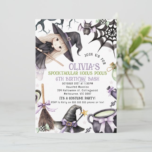 Invitación Halloween Purple Blonde Little Witch Cumpleaños (Anverso de pie)