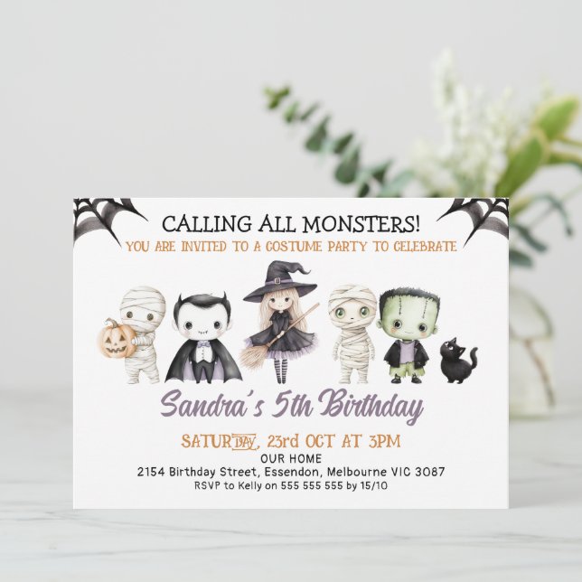 Invitación Halloween Purple Llamando a todos los monstruos Cu (Anverso de pie)
