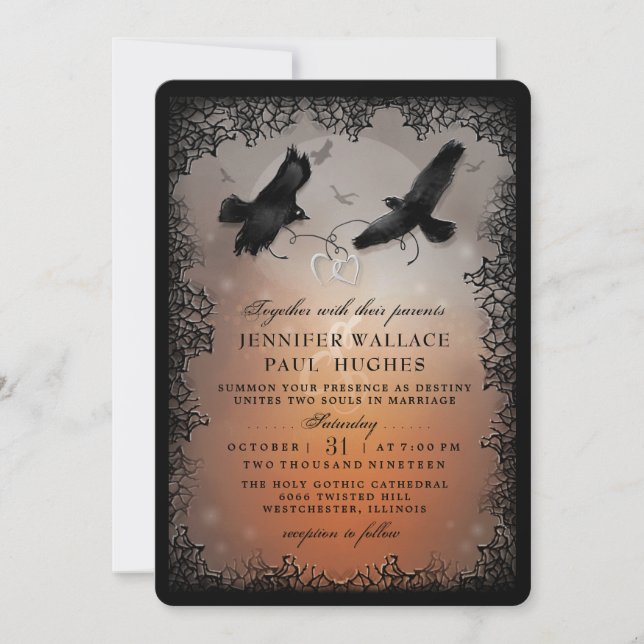 Invitación Halloween Ravens and Hearts Boda (Anverso)