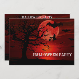 Invitación Halloween Red Full Moon Black Tree Witch Bat Scary