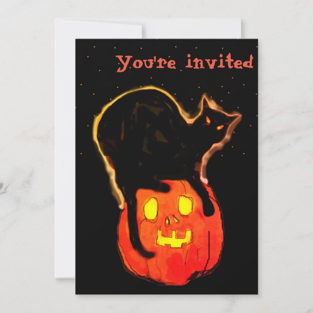 Invitación Halloween resplandeciente Naranja con gato negro (Anverso)