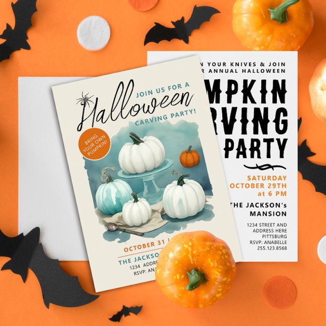 Invitación Halloween retro Cargando calabazas blancas acuarel (Subido por el creador)