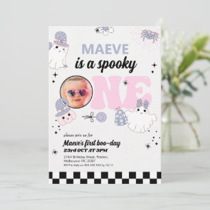 Invitación Halloween Retro Púrpura Fantasma Primer cumpleaños