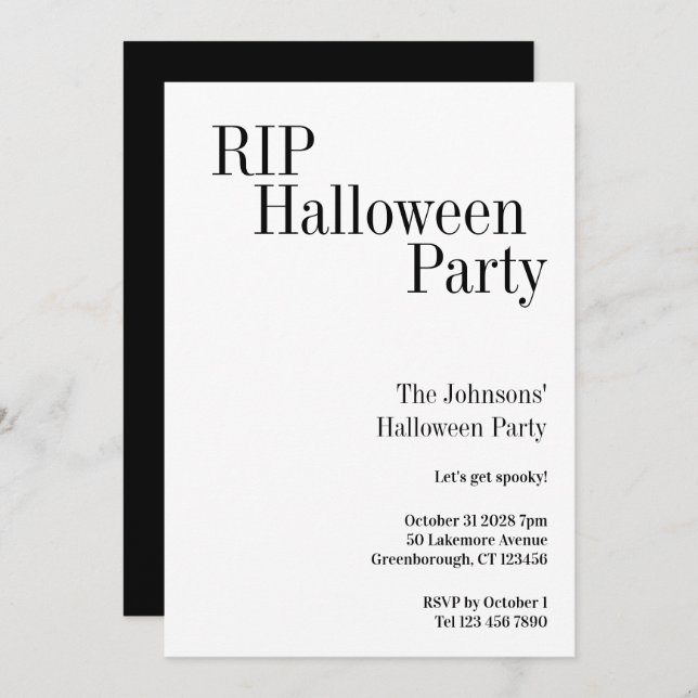 Invitación Halloween RIP Party Black and White (Anverso / Reverso)