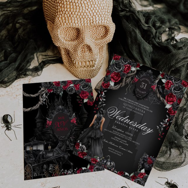 Invitación Halloween Rojo, Rosas Negros de Quinceanera (Subido por el creador)