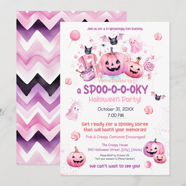 Invitación Halloween rosa (Anverso / Reverso)