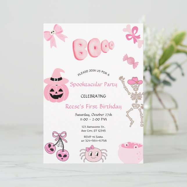 Invitación Halloween rosa de primer cumpleaños de Spooktacula (Anverso de pie)