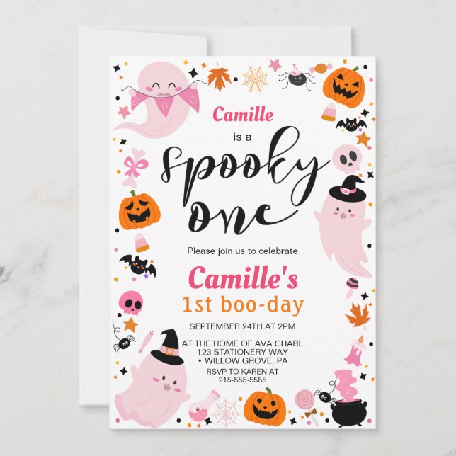 Invitación Halloween rosa lindo fantasma Primer cumpleaños (Anverso)