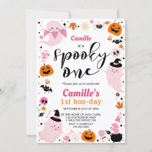 Invitación Halloween rosa lindo fantasma Primer cumpleaños