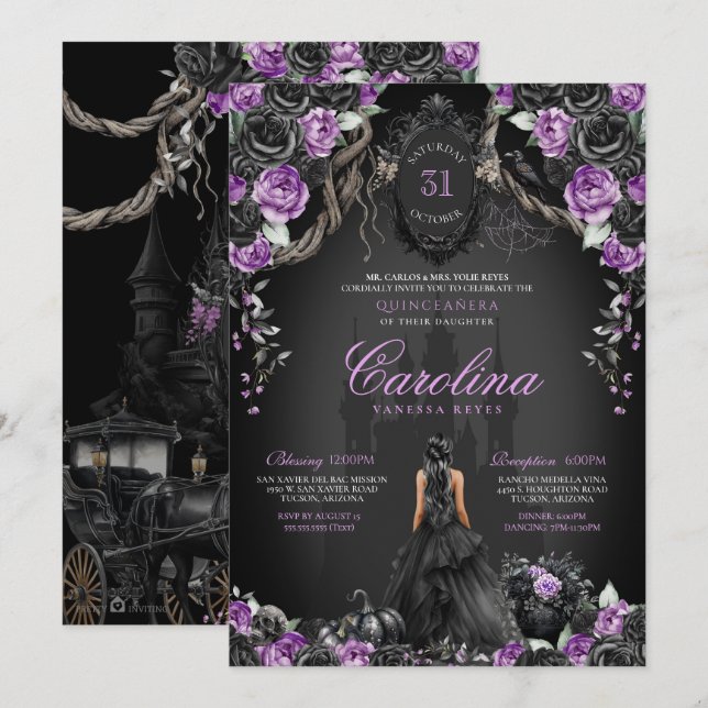 Invitación Halloween Rosa negro morada Princesa Quinceanera (Anverso / Reverso)