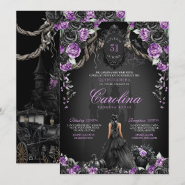 Invitación Halloween Rosa negro morada Princesa Quinceanera